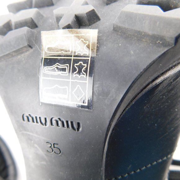 MIU MIU Black Leather Steel Plated Toe Lace Up Buckled Block Heel Booties 35 - Picture 8 of 9